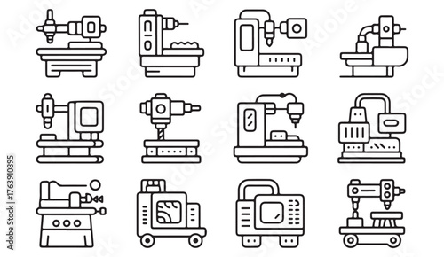 Modern thin line icons of manufacturing machinery and robotic tools for industrial automation concepts.