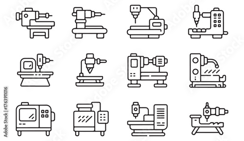 Thin line industrial machine icon set showing CNC, lathe, and milling tools for engineering and manufacturing.