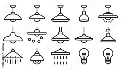 Linear vector icons of ceiling lamps and glowing bulbs for interior design, decor, and lighting concept.