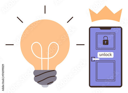 Lightbulb radiating rays next to a locked door with an unlock button, conveying innovation, problem-solving, and opportunities. Ideal for creativity, breakthrough, leadership, empowerment, access