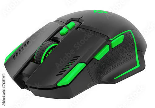 A modern black gaming mouse with green accents, isolated on a transparent background