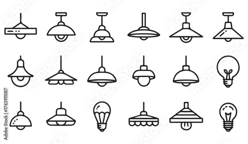 Outline lamp and light bulb icon collection representing electricity, home lighting, and bright ideas.