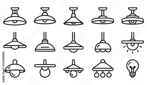 Modern vector set of light fixtures, bulbs, and pendant lamps in thin line and minimal outline style.