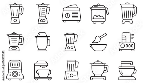 Outline kitchen appliance icon collection representing cooking, blending, and household culinary gadgets.