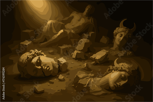 Post-Apocalyptic Illustration of Ancient Roman Ruins and Fallen Empire