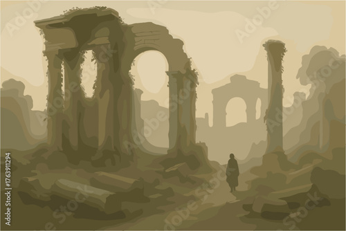 Ancient Ruins Landscape – Lost Civilization and Forgotten Empire Illustration