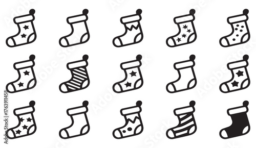 Outline Christmas stocking icons collection for festive celebration, gift, and winter decoration concepts.