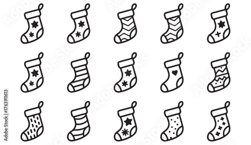 Thin line Christmas stocking icon set showing festive socks with snowflakes, stripes, and holiday patterns.