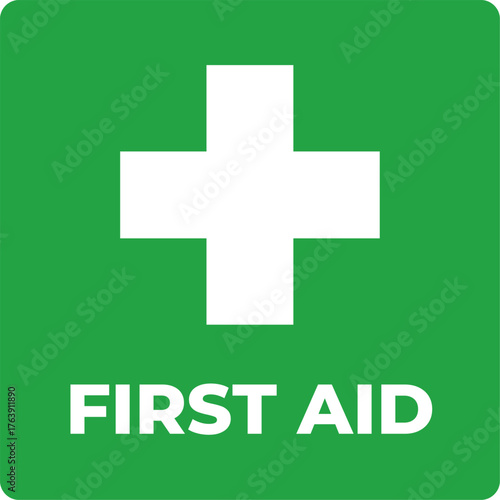 first aid sign symbol, white cross on green square, emergency health care and medical icon