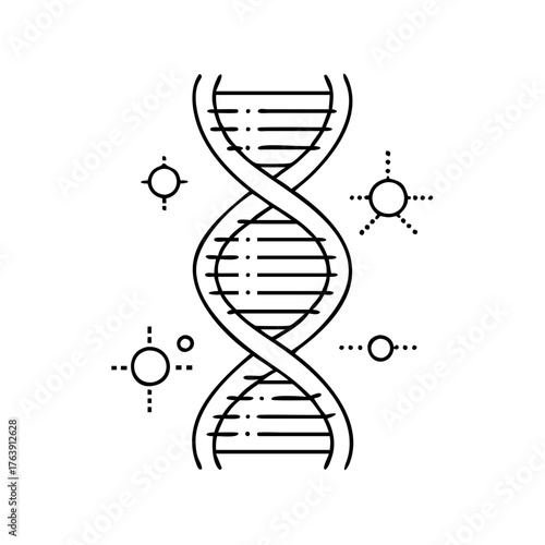 Vector art of a black and white line drawing of a dna double helix with surrounding scientific symbols