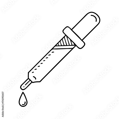 Vector art of a simple line art icon of a pipette with a drop of liquid falling from its tip