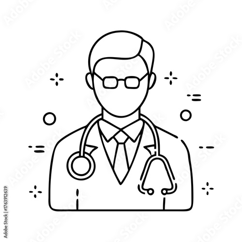 Vector art of a simple line art icon representing a doctor wearing glasses and a stethoscope around their neck