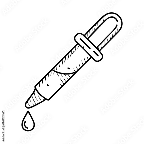 Vector art of a simple line art icon of a pipette with a drop of liquid falling from its tip