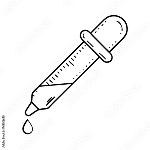 Vector art of a handdrawn illustration of a glass dropper with a rubber bulb, containing a liquid and a single drop falling from its tip