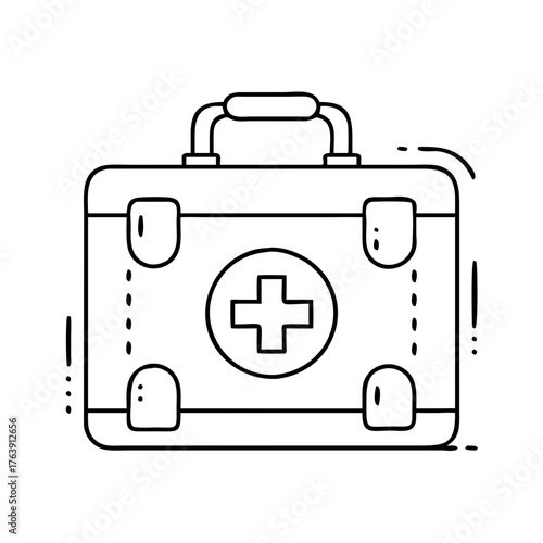 Vector art of a black and white line drawing of a first aid kit with a cross symbol