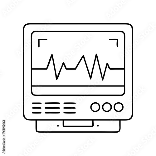 Vector art of a black and white line drawing of a medical monitor displaying a heart rhythm