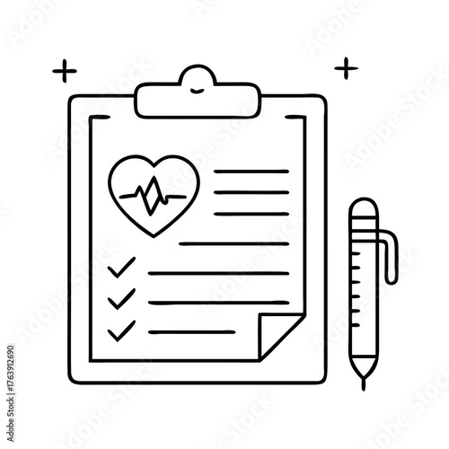 Vector art of medical clipboard with heart pulse and checklist, pen, and plus signs