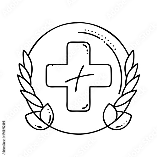 Vector art of medical cross emblem with laurel wreath and circular border