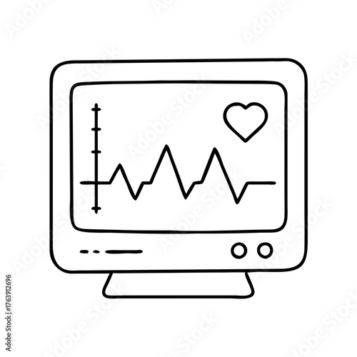 Vector art of electrocardiogram monitor displaying a heart rhythm and a heart symbol, , medical technology icon