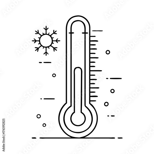 Vector art of a minimalist line art icon of a thermometer indicating a cold temperature, with a snowflake and scattered dots