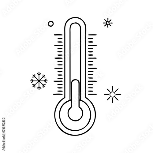 Vector art of a simple line art illustration of a thermometer showing a cold temperature, with snowflakes and small circles
