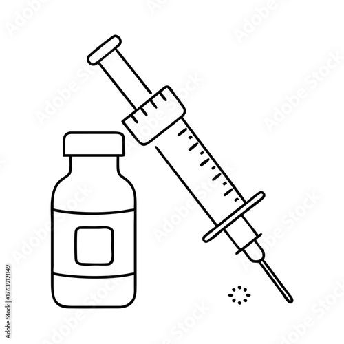 Vector art of a clean line art graphic of a medical syringe and a vial, symbolizing healthcare services and the process of administering medicine
