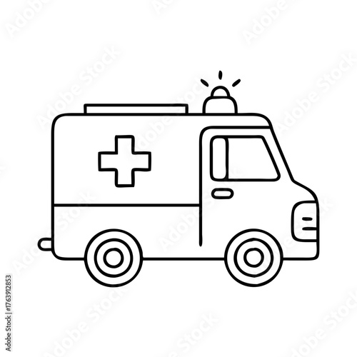 Vector art of simple line drawing of an ambulance with a red cross symbol on its side, , representing emergency medical services and transport