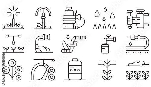 Modern outline icons of farm irrigation, water pumps, faucets, and plant growth for eco farming concepts.