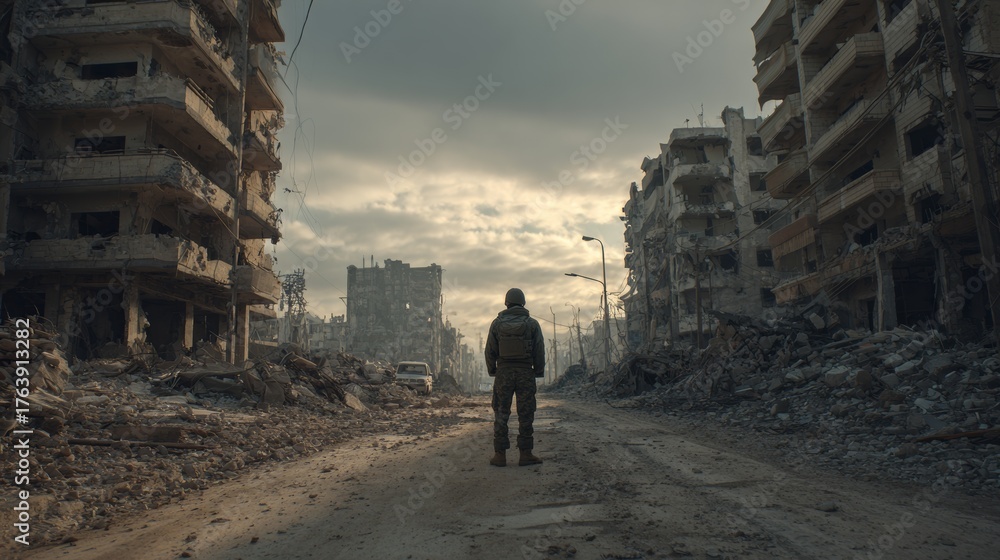 Obraz premium A soldier stands in the middle of an abandoned street, surrounded by destroyed buildings and debris from war.