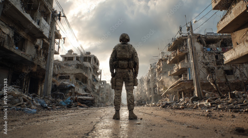 Obraz premium A soldier stands in the middle of an abandoned street, surrounded by destroyed buildings and debris from war.