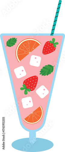 Vector cocktail with orange slices, strawberries, mint, and a straw. A refreshing pink summer drink in a glass. Isolated vector illustration on a transparent background.