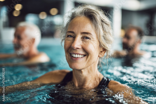 A smiling senior woman at an aqua gym doing arm exercises with a group of people in the pool.