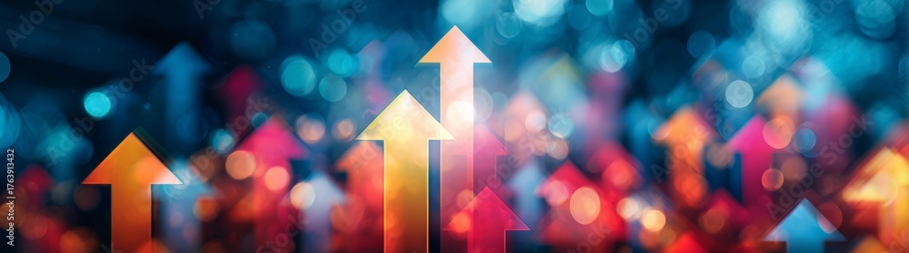 Fototapeta premium Abstract background with colorful arrows pointing upwards on a blue digital backdrop.
