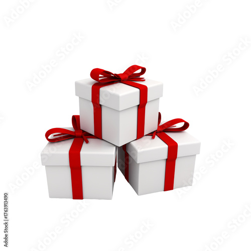 Three white gift boxes with red ribbons on a white background.