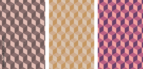 Three vertical panels showcasing abstract geometric patterns with repeating cube illusions in brown beige and pink hues. Seamless isometric cube pattern in neutral tones. 