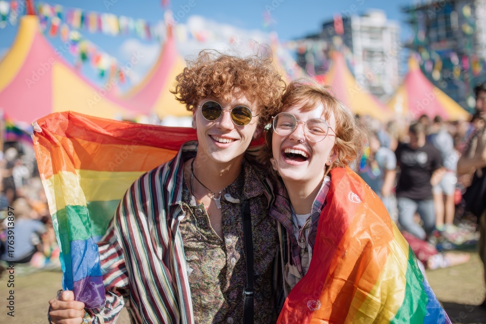 Obraz premium Two happy young people at LGBT festival, rainbow flags and crowd in the background.