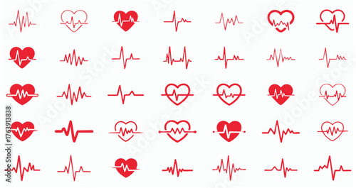 Red heartbeat line collection with heart symbol, cardiology, medical pulse, ECG, EKG design, healthcare clipart vector illustration, health monitoring, digital heartbeat graphics
