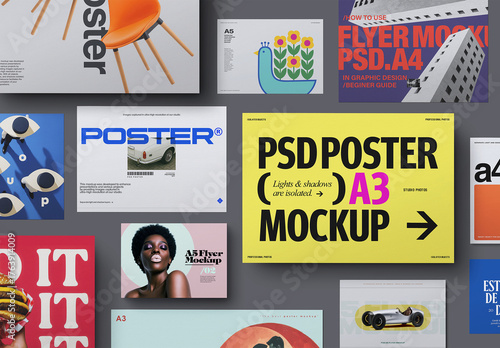 Poster Mockup Set - A3, A4 & A5 Horizontal Flat-Lay (12 Objects)
