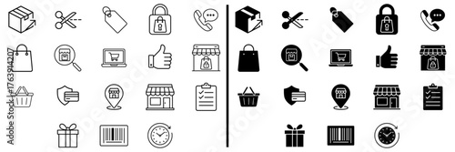 Essential E-commerce Icons: A comprehensive set of illustrative icons representing the key elements of online retail, suitable for various applications and design needs.