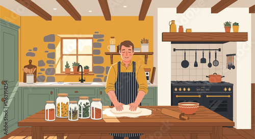 A happy man in a rustic kitchen kneading dough for baking home baked pastries