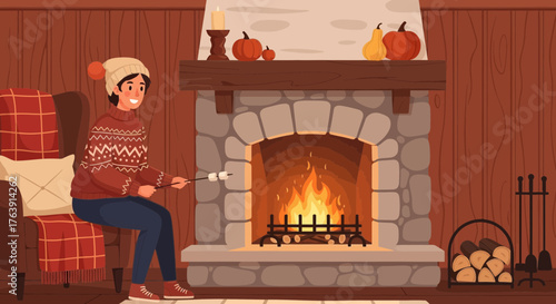 Cozy autumn scene with a person roasting marshmallows by the fireplace