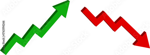 Green up and red down 3d arrow graph showing rising, descending trend, business result, profit or loss symbol symbol. Business arrow, goals concept. 3d world money symbols. Financial growth vector