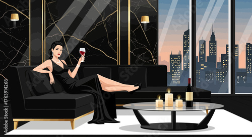 Elegant woman in evening dress enjoying wine with city views, sophisticated lifestyle