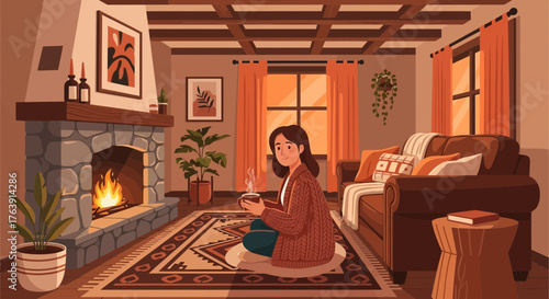 Cozy evening scene with a woman enjoying a warm drink by the fireplace