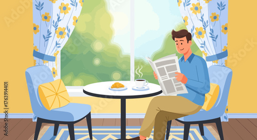 Serene morning routine: Man reading newspaper with coffee and croissant at home