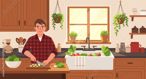 Illustration of a man in a kitchen, preparing fresh vegetables with a smile
