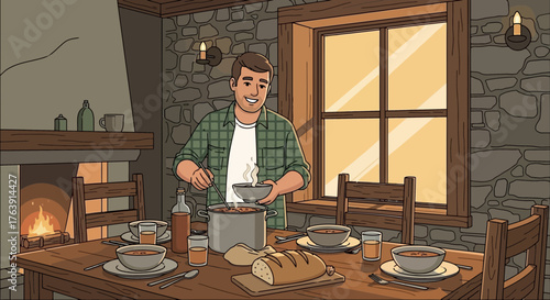Cozy animated dining scene with a smiling man serving soup in a rustic setting