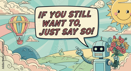 Whimsical Scene with Robot, Balloon, Sun and Encouraging Message in Cartoon Style