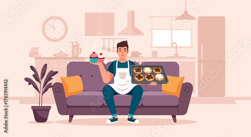 Relaxed baker showcasing culinary creations in a cozy home setting