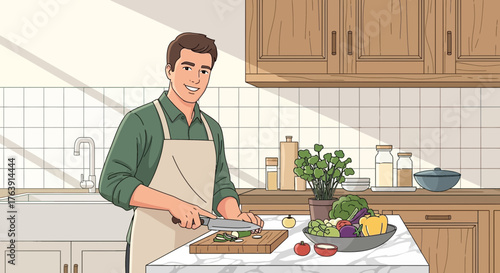 Young man preparing a healthy meal in a bright kitchen with fresh ingredients